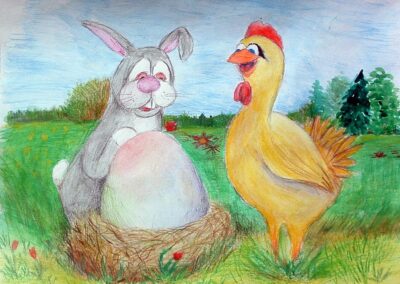 "The bunny, chick and big egg" mixed media 2011 / 39x30 cm