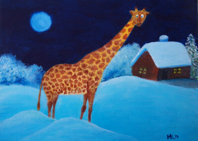 "Lonely giraffe in the snow" oil 2017 / 30x40 cm