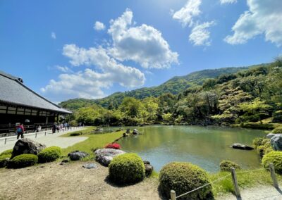 Temple, Velvet Mountains, Lake, Blue Sky with Cottony Clouds