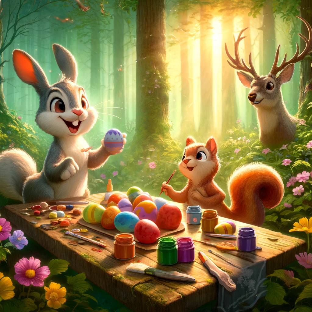 DALL·E 2024-03-29 14.03.58 - In a vibrant, enchanted forest, a small, curious Easter bunny named Juss is seen painting Easter eggs with a variety of colors at a wooden table fille