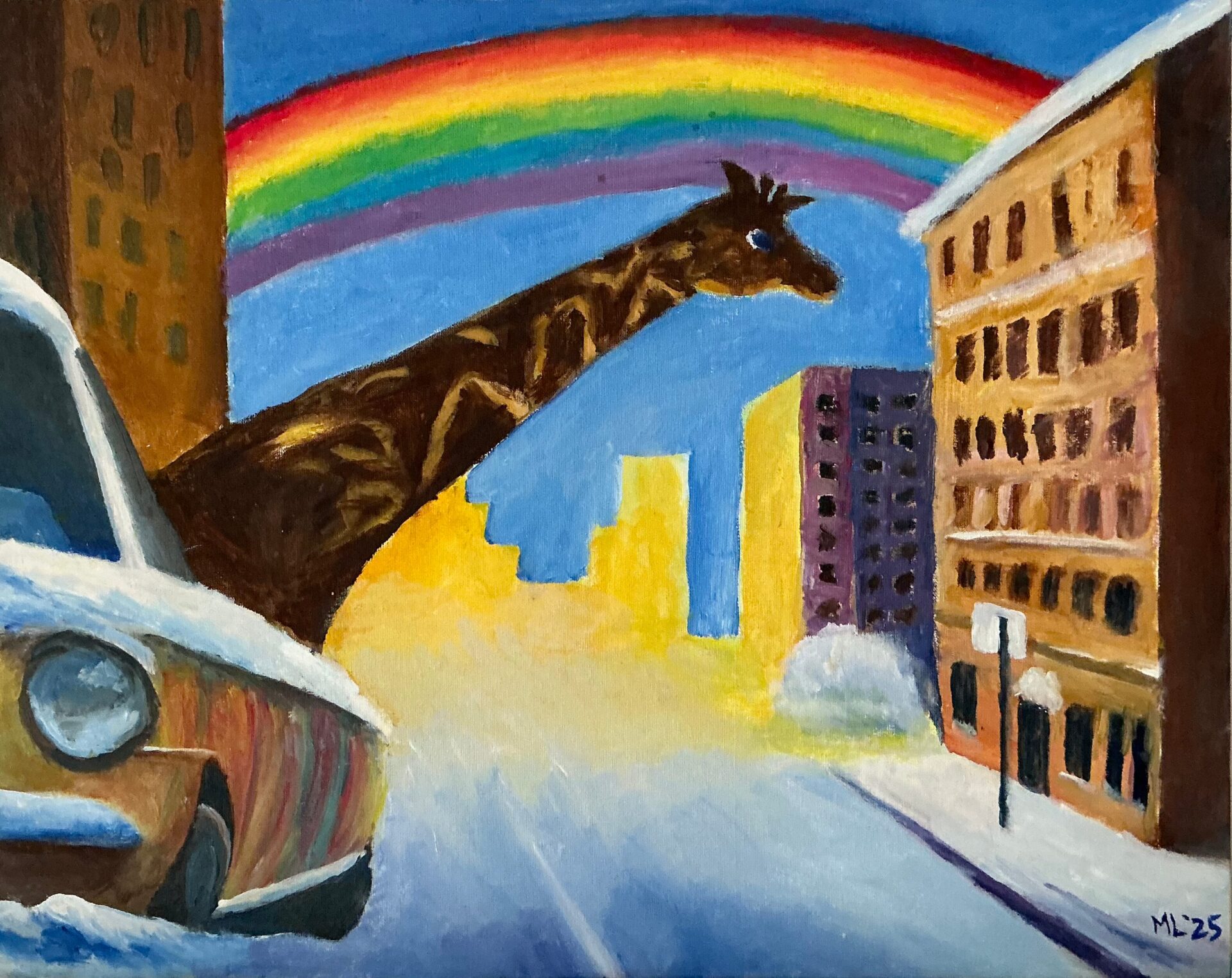 "Giraffe in the winter city" oil 2024 40x50cm