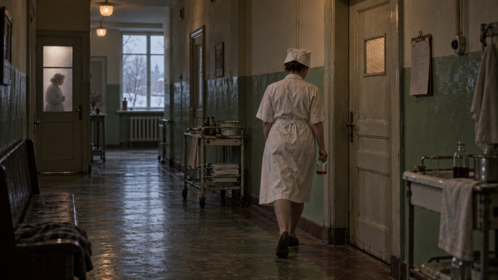 A nurse in a white coat walks down the dim corridor of a Soviet hospital in 1968 with a blood container; a young mother waits in uncertainty nearby.